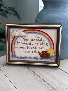 Vintage Handmade Framed Noah's Ark Embroidered Wall Art Rainbow Christian Decor